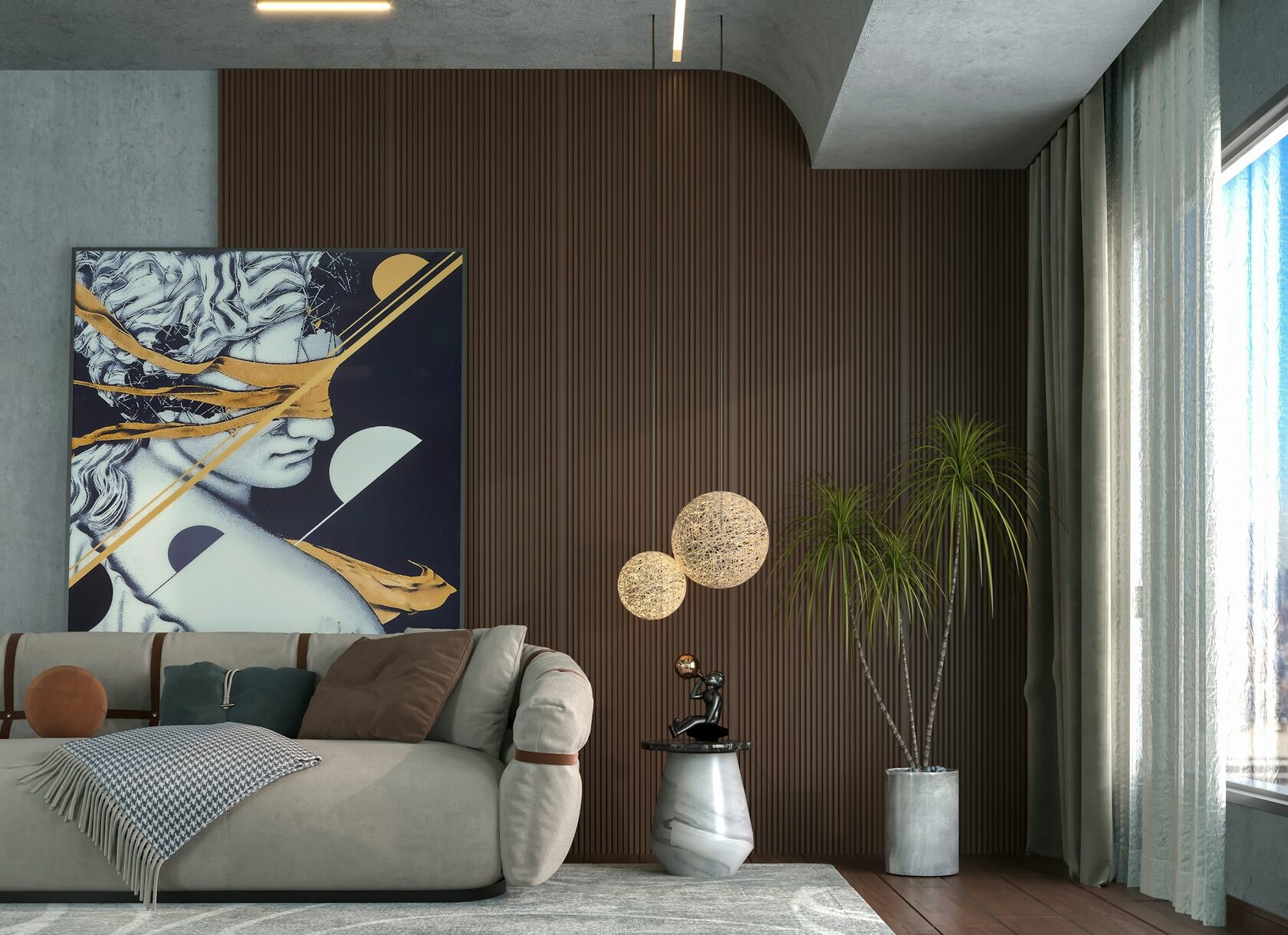 Oak panelled wall in a contemporary apartment interior