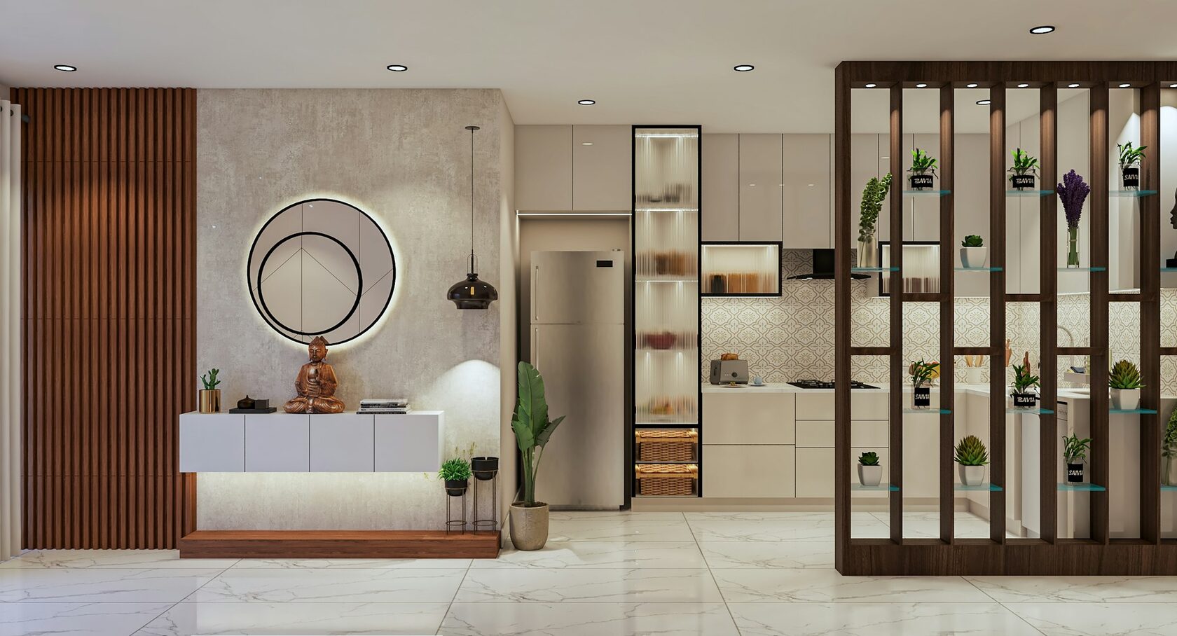 Decorative wooden screen dividing a neutral interior