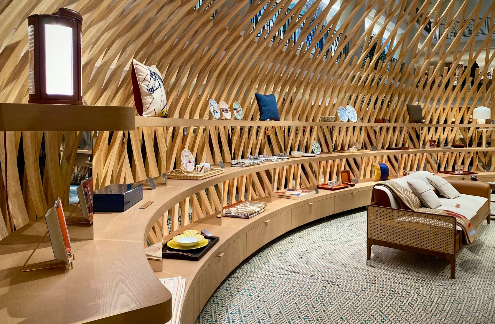 Boutique retail interior with wooden display shelving